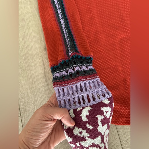 Free People Switch It Up Burnt Orange Thermal Sweater Top Crochet Sleeves - Picture 3 of 7